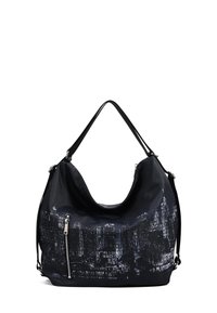 Borsa a tracolla in tessuto nero con una forma morbida, dotata di una tasca con zip e un motivo testuale in bianco, completata da due spallacci.