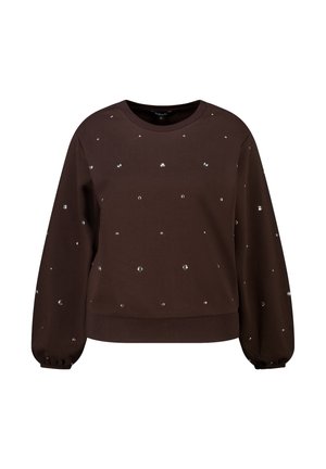 Donkerbruine lange mouw sweatshirt met verspreide kleine zilveren studs en elastische boorden en zoom.