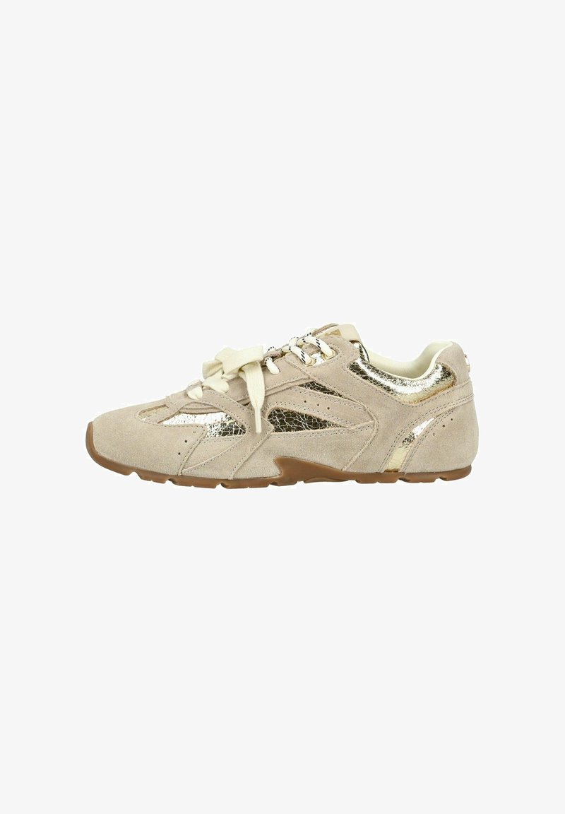 Beige suede sneaker with metallic gold accents, white laces, and brown rubber sole, shown from the side on a white background.