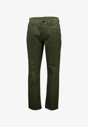 Spodnie w oliwkowo-zielonym kolorze wykonane z wytrzymałej bawełnianej tkaniny, z klasycznym prostym krojem, przednimi kieszeniami i zapięciem na guziki.