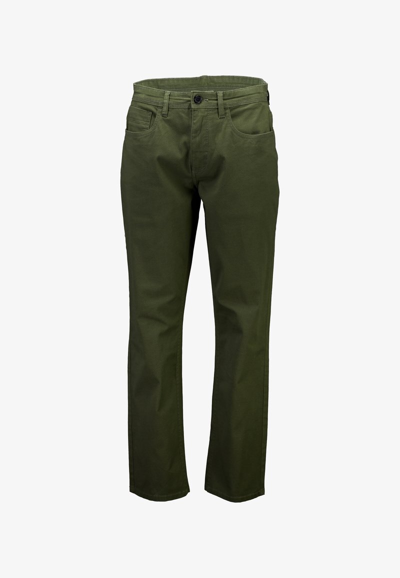 Spodnie w oliwkowo-zielonym kolorze wykonane z wytrzymałej bawełnianej tkaniny, z klasycznym prostym krojem, przednimi kieszeniami i zapięciem na guziki.