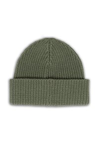 Olivengrøn strikket hue med en struktureret overflade, der har en fold-over cuff for justeret pasform og varme.