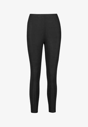 Czarne legginsy wykonane z elastycznego materiału, o dopasowanym kroju zwężającym się w kostce. Gładka tekstura, z elastycznym paskiem w talii.