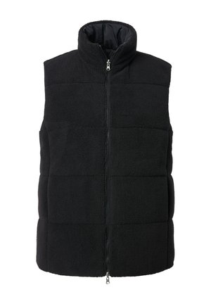 Chaleco de forro polar negro con cuello alto, cierre frontal y diseño rectángulo cosido. Textura suave adecuada para combinar en clima fresco.