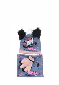 Gorro azul con orejas de piel sintética negra y acentos rosas, con un diseño de Minnie Mouse y guantes rosas a juego, todos con patrones de estrellas.