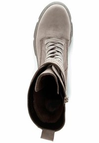 Suede ankle boot in light grey with round toe, textured laces, and interior lining. Features a slight heel and a pull tab for easy wear.