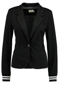 Blazer nero con colletto strutturato, chiusura con un solo bottone, due tasche frontali e accenti a righe sui polsini. Tessuto morbido.