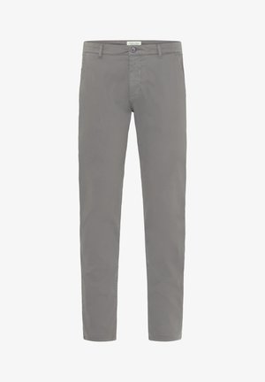 Graue Slim-Fit-Casualhose mit Knopf- und Reißverschluss, Gürtelschlaufen und Seitentaschen, vor weißem Hintergrund dargestellt.