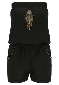 Mono negro sin tirantes con parte superior texturizada, detalles decorativos de cuentas en dorado y plateado, y bolsillos laterales con acentos metálicos.