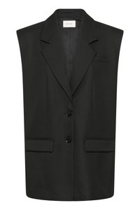 Blazer negru fără mâneci cu un design structurat, închidere cu două nasturi și două buzunare frontale. Confecționat dintr-un material neted cu finisaj mat.