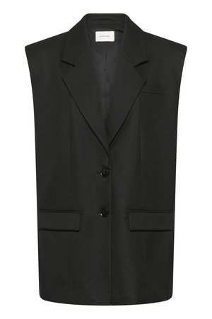 Fekete ujjatlan blézer strukturált kialakítással, kétgombos lezárással és két első zsebbel. Sima, matt felületű anyagból készült.