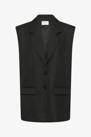 Fekete ujjatlan blézer strukturált kialakítással, kétgombos lezárással és két első zsebbel. Sima, matt felületű anyagból készült.