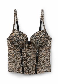 Podprsenka s leopardím vzorem, s vycpanými košíčky, nastavitelnými černými ramínky a krajkovým lemem zdobeným černými knoflíky podél předních švů.