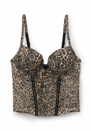 Top de soutien-gorge à imprimé léopard avec des bonnets rembourrés, des bretelles noires réglables et une bordure en dentelle ornée de boutons noirs décoratifs le long des coutures avant.