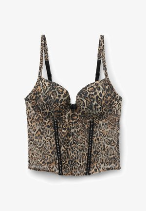 Leopard-print bra top with padded cups, adjustable black straps, and a lace trim featuring decorative black buttons along the front seams.