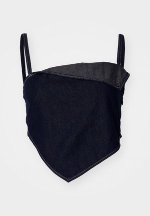 Denim bralette, mille disainiga. Tume sinine kangas heledama, nurkse paneeliga. Reguleeritavad rihmad ja nähtavad õmbluse detailid.