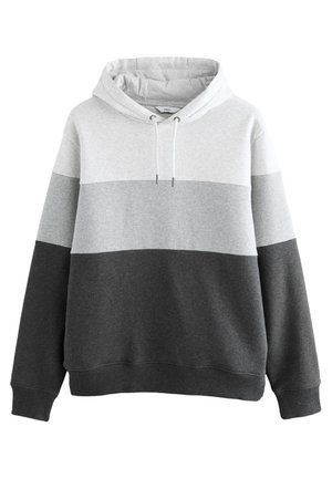 Hooded sweatshirt with three horizontal color blocks in white, light gray, and dark gray, featuring a drawstring hood and ribbed cuffs.