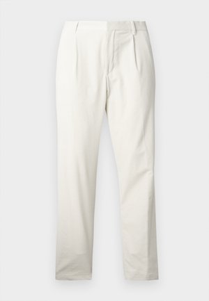 White cotton trousers with a straight leg, featuring front pleats, a smooth texture, and a classic waistband design.