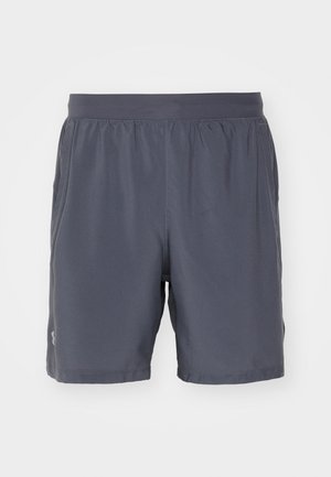 Gray athletic shorts made of lightweight, moisture-wicking material. Features an elastic waistband and stitched accents. No pockets.