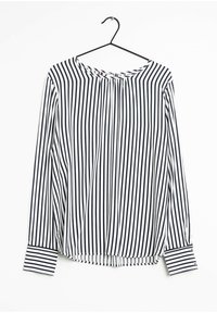 Long-sleeve blouse with a round neckline, featuring vertical navy and white stripes, a pleated front, and contrasting cuff accents.