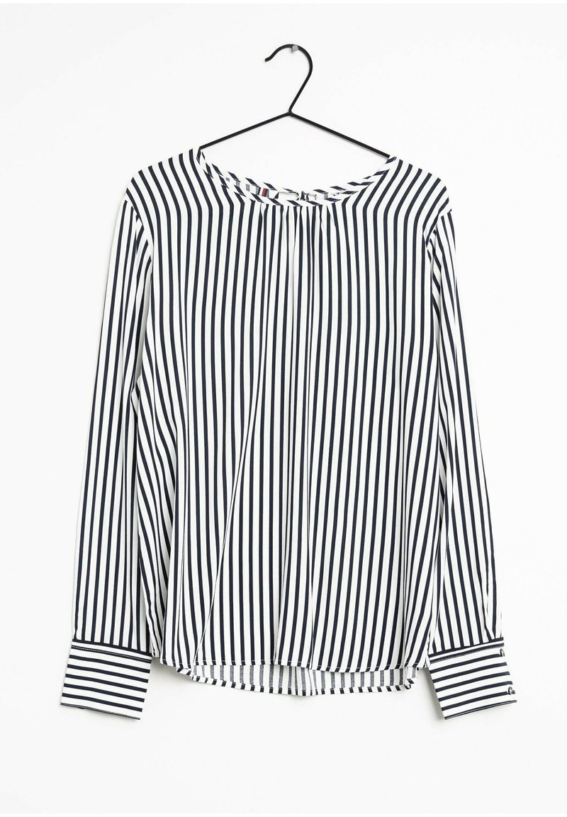 Long-sleeve blouse with a round neckline, featuring vertical navy and white stripes, a pleated front, and contrasting cuff accents.