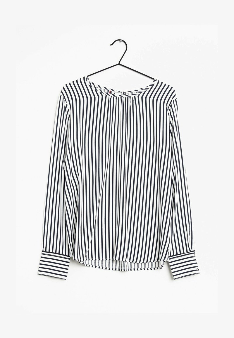 Long-sleeve blouse with a round neckline, featuring vertical navy and white stripes, a pleated front, and contrasting cuff accents.