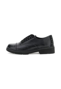 Černá kožená slip-on bota s nízkou chunky podrážkou a dekorativními černými rhinestones na elastickém bočním panelu a patě.
