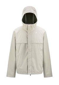 Giacca impermeabile grigia con cappuccio; presenta una chiusura frontale con zip, una grande tasca sul petto e ventilazione in rete sui lati. Texture liscia.