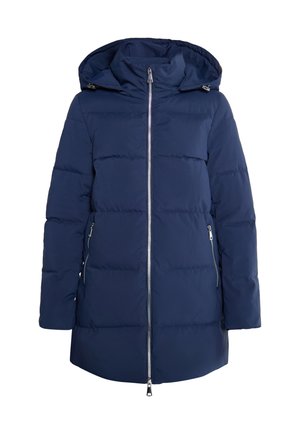 Marineblaue Pufferjacke mit Kapuze, ausgestattet mit einem Reißverschluss und zwei Seitentaschen. Texturierte, gestepptes Design mit mittellanger Passform.