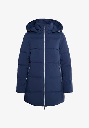 Tummansininen puhvijakku hupulla, jossa on vetoketju ja kaksi sivutaskua. Rakenne on teksturoitu ja tikattu, ja malli on puolipitkä.