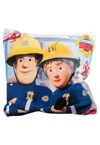 Pillow featuring Fireman Sam characters in bright colors. Vibrant design with blue uniforms, yellow helmets, and cartoon-like features.