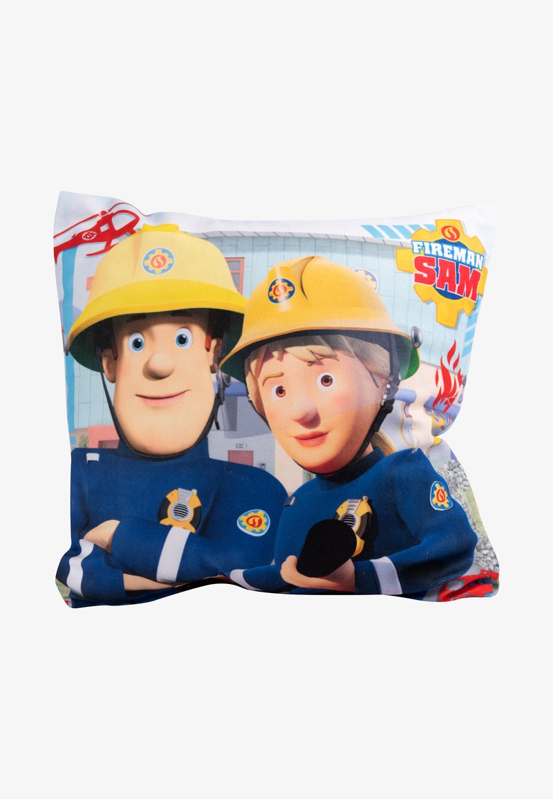 Pillow featuring Fireman Sam characters in bright colors. Vibrant design with blue uniforms, yellow helmets, and cartoon-like features.