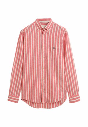 Red and white striped long-sleeve shirt, button-down collar, single chest pocket, soft texture, lightweight fabric.