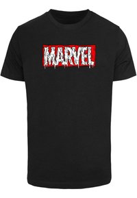 Black cotton T-shirt featuring a white and red "MARVEL" logo with a dripping design across the front. Short sleeves and standard fit.
