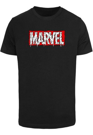 Black cotton T-shirt featuring a white and red "MARVEL" logo with a dripping design across the front. Short sleeves and standard fit.