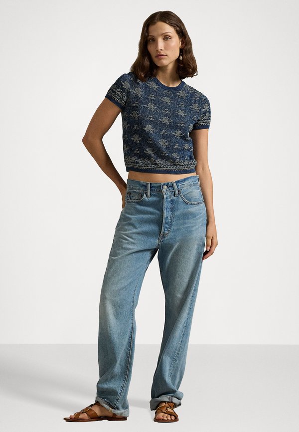 FLORAL COTTON SHORT SLEEVE SWEATER - Print T-shirt - dark indigo2