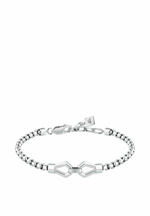 Bracciale tono argento con design a catena e due forme esagonali al centro. Chiusura a scatto con etichetta del marchio.
