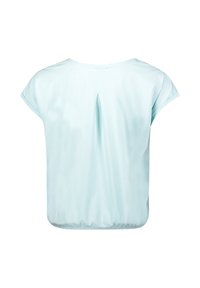 Light blue short-sleeve top with a rounded neckline, featuring a center back pleat and gathered hem. Soft, fabric texture.