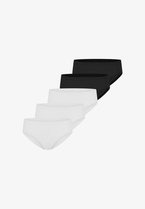 Cinq slips en coton sans couture, trois blancs et deux noirs, disposés en diagonale sur un fond blanc.