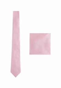 Rosa Satin-Schleife mit einer glatten Textur und einem klassischen Design, kombiniert mit einem passenden Einstecktuch. Beide zeigen eine einheitliche Farbe und Glanz.