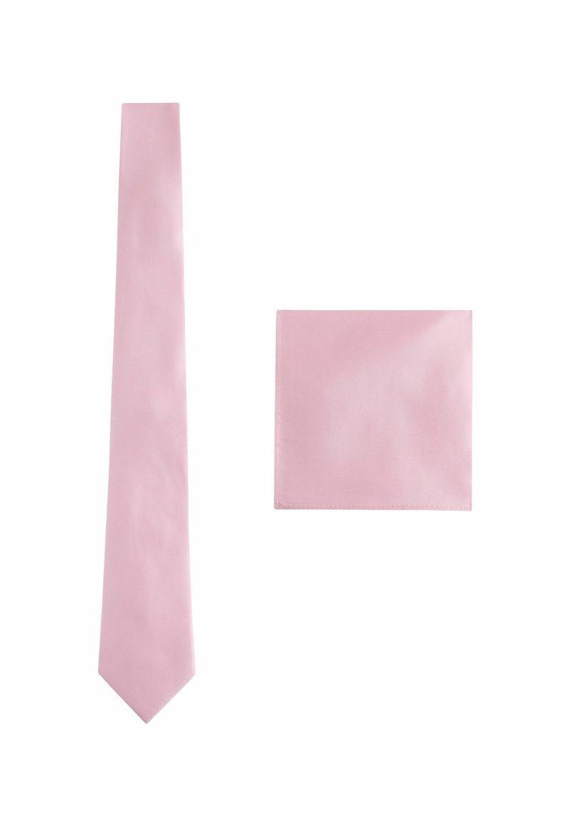 Rosa Satin-Schleife mit einer glatten Textur und einem klassischen Design, kombiniert mit einem passenden Einstecktuch. Beide zeigen eine einheitliche Farbe und Glanz.