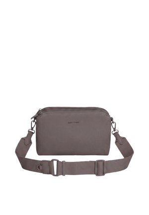 Small rectangular gray crossbody bag with two zippered compartments and an adjustable, detachable fabric strap.