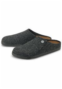 Gray felt slip-on slippers with a low-profile design, rounded toe, and a black rubber sole. Features a small logo detail on the side.
