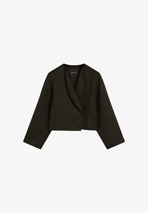 Kort brun jakke i blødt stof med sjalkrave og brede ærmer. Designet har en minimalistisk silhuet og rene linjer.