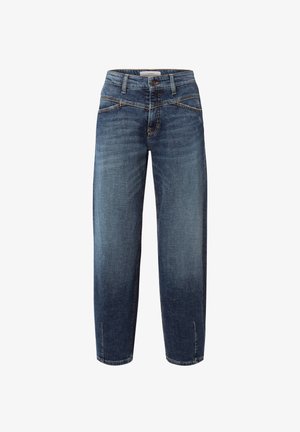 Denim jeans in dark blue with a faded effect, featuring a straight cut, five-pocket design, and light brown stitching details.