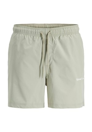 Lichtbeige heren zwemshorts met elastische tailleband en koordje, met kleine witte logotekst op het linkerbeen.