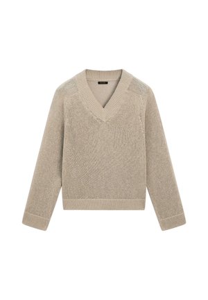 Kvinde med mørke solbriller iført en beige strikket V-hals sweater, med håret bundet tilbage mod en ensfarvet lys baggrund.