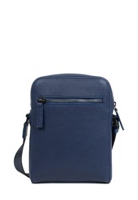Borsa a tracolla in pelle blu navy con tasca anteriore con zip, texture liscia, forma rettangolare e tracolla regolabile.