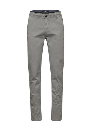 Graue Baumwoll-Chinos mit slim fit, ausgestattet mit einem Reißverschluss, Knopfverschluss und Fronttaschen. Glatte Textur mit dezenten Nähten.