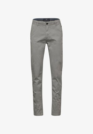 Harmaat puuvillachinot kapealla leikkauksella, joissa on vetoketjuliepe, nappisulku ja etutaskut. Sujuva tekstuuri hienovaraisilla ompelu yksityiskohdilla.